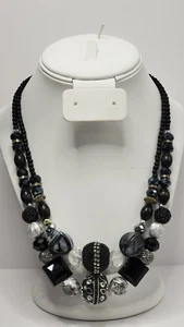 Elegant 2 Strand 19 1/2" Necklace Glass Crystal Plastic Beads Black Silver Gray - Picture 1 of 12