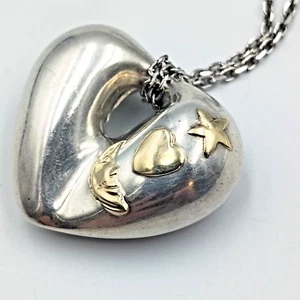 CL Sterling Silver 925 14K Gold Puffy Heart With Moon & Star Pendant Necklace - Picture 1 of 11