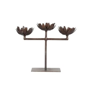 BEAUTIFUL INDIAN ARTISAN MADE 3 ARM IRON CANDELABRA Vintage Lotus Flower - Picture 1 of 3