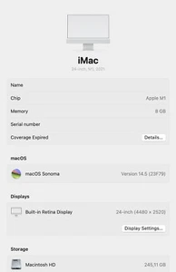 Apple iMac 2021, 24 Zoll (8GB RAM, 240GB Speicher, M1 Chip, macOS Sonoma 14.5) - Bild 1 von 5