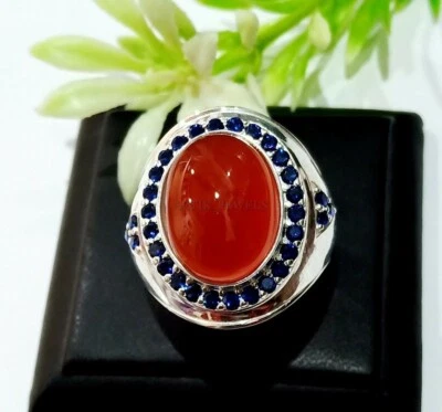 Piedra preciosa de ónix rojo natural con anillo de plata enchapado en oro blanco de 14K para hombre #1313 Foto 1 de 4