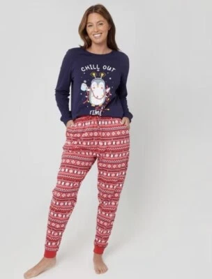 Linea Penguin Xmas Pyjamas Ladies Red/Blue Size 16-18 #REF37 - Image 1 of 4