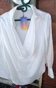 Women's Satin Silk Collar Neck Drape Ruched Front Long Sleeve Blouse Shirt Top - Picture 1 of 12