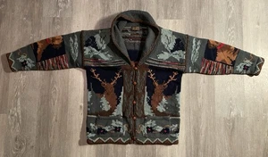 Vtg Eddie Bauer Wool Cowichan Cardigan Sweater Mens M Dogs Hunt Deer Grandpa Y2K - Picture 1 of 15