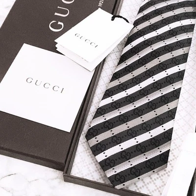 Gucci New Unused Neck Tie Gray White Striped 100%Silk Made in Italy - Image 1 of 4