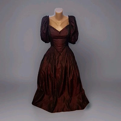 Vtg Edwardian Revival Gothic Burgundy Dress S C-D Bust Silk Blend Puff Sleeves - Image 1 of 4