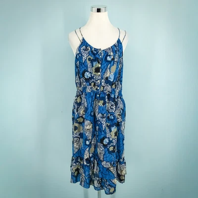 Banana Republic Size 14 Blue Print Cotton Silk Button Fit Flare Midi Dress - Image 1 of 4