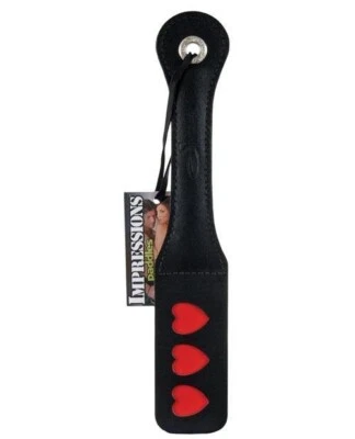 Sportsheets 12" Black Leather Red HEART Impression Paddle Whip Crop + Metal Loop - Image 1 of 4