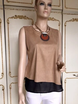 D.E.C.K by Decollage Tan Faux Suede / Black / Ivory Layered Front Top 12 NWT £49 — 第 1/4 张图片