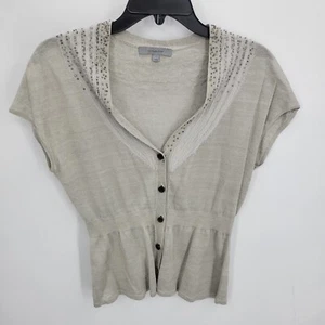 Classiques Entier Sweater Womens Small Tan Linen Beaded Short Sleeve Cardigan - Picture 1 of 8