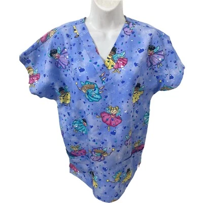Simply Basic Scrub Top Womens Periwinkle Blue ANGEL PATTERN Size Small ECU - Image 1 of 4