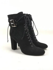 Mujeres Punta Redonda Tacones Altos Con Cordones Botines Negros Imitación Gamuza Hebilla Zapatos - Imagen 1 de 8