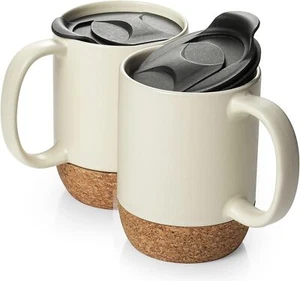 DOWAN Coffee Mugs Set of 2, 444 ml Ceramic Mug with Cork Bottom Splash Proof Lid - Picture 1 of 7