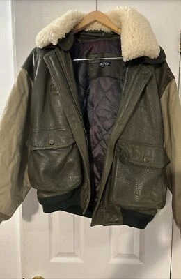 Chaqueta de vuelo de bombardero de cuero vintage Nautica para hombre talla M cuello Sherpa extraíble Foto 1 de 4