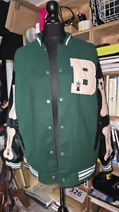 Bomber Jacket Unisex Green Black Varsity Bones PU Leather - Picture 1 of 5