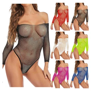 Women Lingerie Fishnet Bodysuit Sparkle Rhinestone Sexy Mesh Teddy Lingerie - Foto 1 di 18