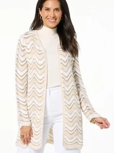 NWT Jaclyn Smith Cardigan Size 3X Ivory & Gold Wavy Pointelle Knit - Picture 1 of 4
