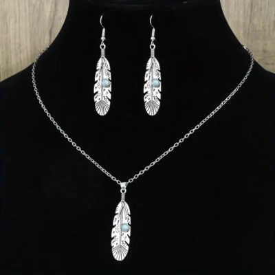 Feather Earrings & Necklace Set Faux Antiqued Silver & Turquoise Bohemian   - Image 1 of 4