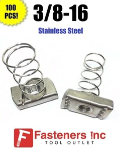 (Qty 100) 3/8-16 Grade 316 Stainless Steel Strut Nut Channel Regular Spring - Picture 1 of 4