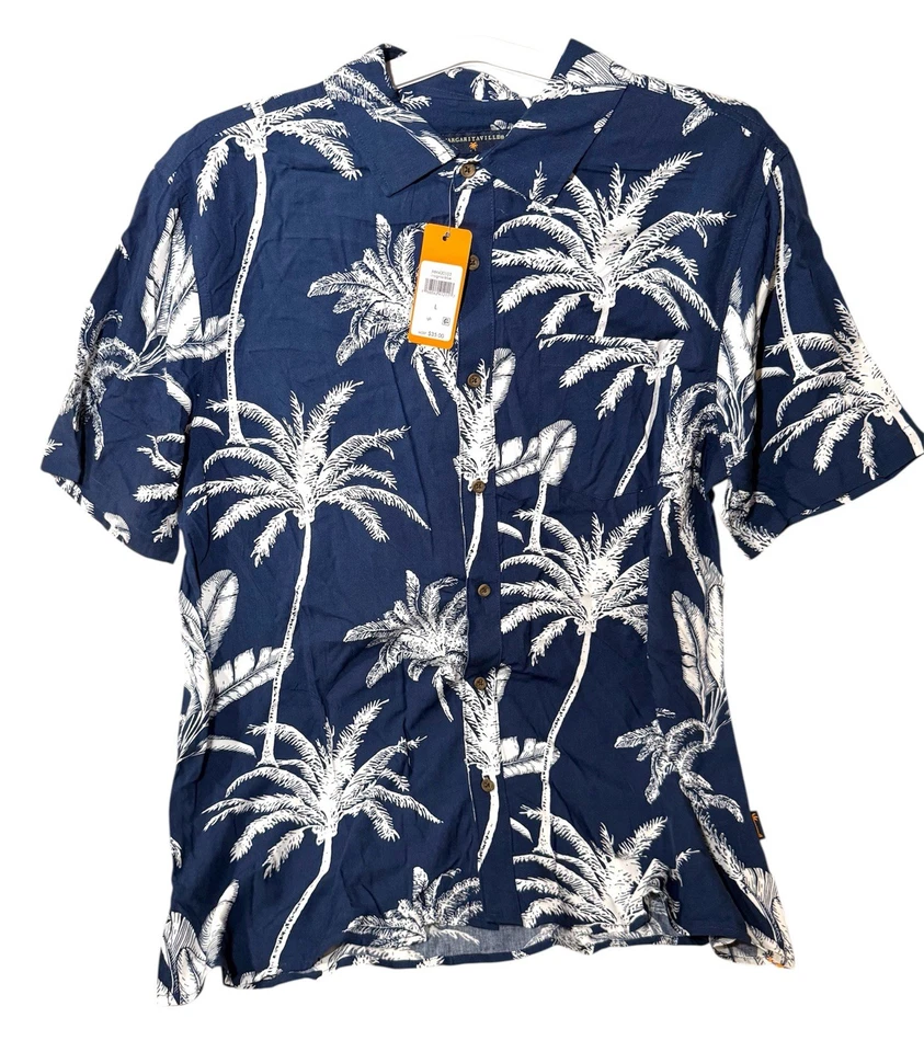 Margaritaville Casual Button Down Collared Men's Shirt Insignia Blue Palm Sz L
