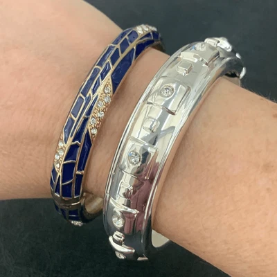 Sequin NYC Hinged Bangles  Navy Enamel, Crystal & Metal Pair  Signed, NWT - Image 1 of 4
