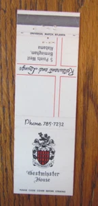BIRMINGHAM, ALABAMA MATCHBOOK COVER: WESTMINSTER HOUSE 1970s MATCHCOVER -D - Bild 1 von 1