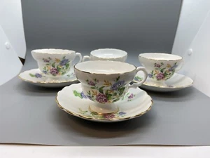 4 Bone China Footed Tea Cups & 3 Saucers Matching Made in England- Floral & Gold - Picture 1 of 12