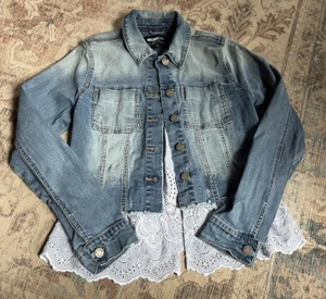 William Rast Jean Jacket Distressed Denim Eyelet Lace Trim Lace Up Back Size S - Picture 1 of 17