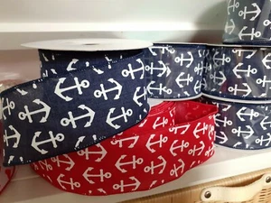 1 METRE - 63mm (2.5") wide WIRED EDGE RED, NAVY NAUTICAL WHITE ANCHOR RIBBON - Picture 1 of 5