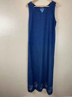 Jane Ashley L Embroidered Floral Denim Jean Dress Maxi Jumper Peasant Prairie - Image 1 of 4