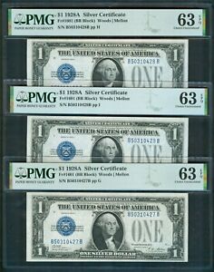 $1 Silver Cert series 1928A, 3 notes, consec. serial nos., PMG Choice Unc 63 EPQ