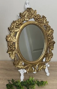 Vtg Hanging Oval Mirror Gilded Gold Grapes Vine Leaves Framed Ornate ~ 16.5”x14” - Picture 1 of 15