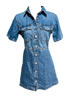 Zara Denim Short Dress Sz L Blue Jean Mini Short Sleeve Shirtdress  Button Down - Image 1 of 4