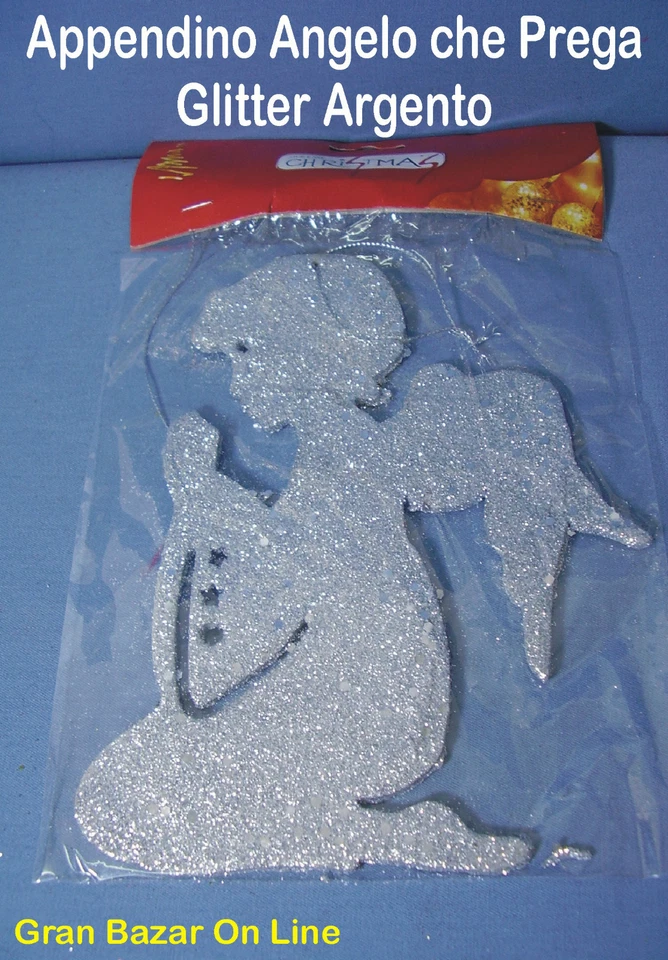 NATALE APPENDINO MAXI ANGELO CHE PREGA ARGENTO GLITTER DECORAZIONE ALBERO - Immagine 1 di 1