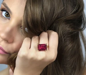 12Ct Emerald Lab Created Tourmaline Statement Cocktail Ring 925 Silver 13*11 MM - Picture 1 of 7