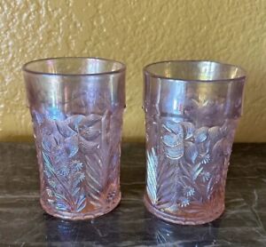 Two Vintage Imperial Glass Tiger Lily Pink Lustre Tumbler 4 3/8”set Of Two