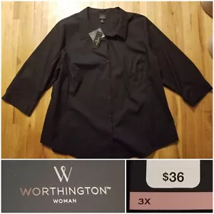 NEW $36 Worthington Woman 3X Plus Stretch Button Up Black 3/4 Sleeve Shirt - Picture 1 of 9