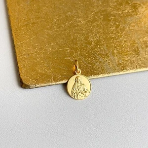14KT Yellow Gold Solid Sacred Heart of Jesus Matte Medal Pendant Charm 12mm - Picture 1 of 7
