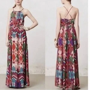 Maeve Size 4 Tarana Maxi Dress Ikat Design Chiffon Flowing Pleated Feminine - Picture 1 of 15