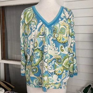SIGRID OLSEN Sweater Womens Sz 1X Silk Nylon Floral Print Aqua V-Neck Beads EUC - Picture 1 of 24