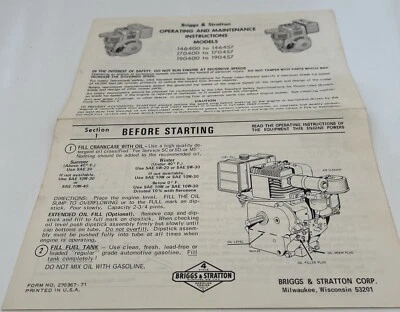 Briggs & Stratton Operating and Maintenance Instructions Models 146400 - 145455+ - Image 1 of 4