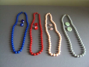 Lot of Vintage Plastic Bead Necklaces and Clip Earrings Red, Blue, Pink, Gray - Picture 1 of 10