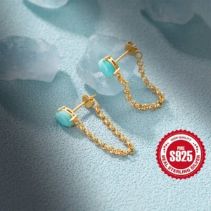 Irresistible Charming 925 Silver Oval Turquoise Chain Dangle Earrings. Great Buy - Picture 1 of 5