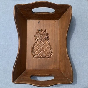 Vintage Wood Bread Serving Tray Double Cutout Handles Carved Pineapple Basket - Picture 1 of 10