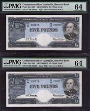 AUSTRALIA R-50. (1960) 5 Pounds PMG 64 CHOICE UNC Coombs/Wilson-CONSECUTIVE Pair