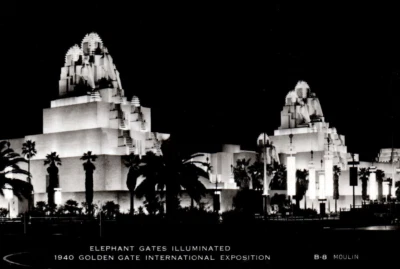RPPC Golden Gate Exposition Elephant Gates Illuminated Real Photo Postcard  - Image 1 of 3