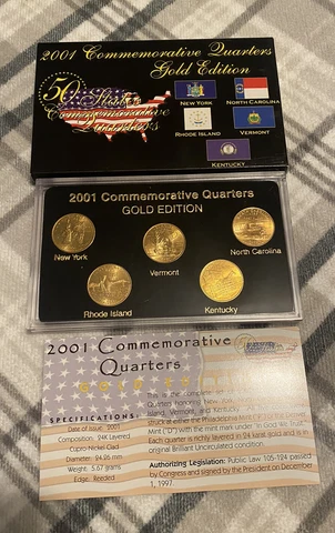 2001 Commemorative Quarters Gold Plated Set 5 Coins In Case Free Shipping Cover
