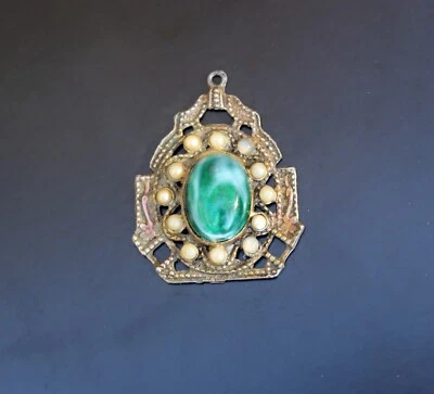 Colgante vintage de latón estilo victoriano, perla y ágata verde, raro Foto 1 de 3