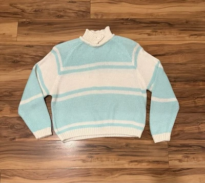 Vintage 80s 90s Stripe Sweater Mint Green Cherry Stix S Oversized Preppy Collar - Image 1 of 4