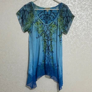 One World Blue Green Floral Tunic Top Embellished Sheer Shirt Boho Fairy Sz M - Picture 1 of 6